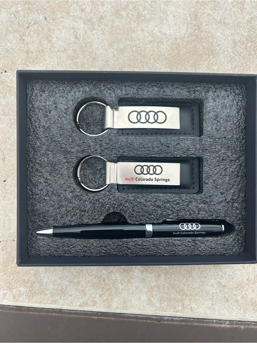 Audi Colorado Springs Black Leather and Silver Metal Keychain & Pen Gift Set